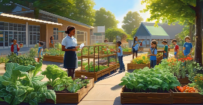 Students interacting in a vibrant school garden, learning about composting under the warm sunlight.