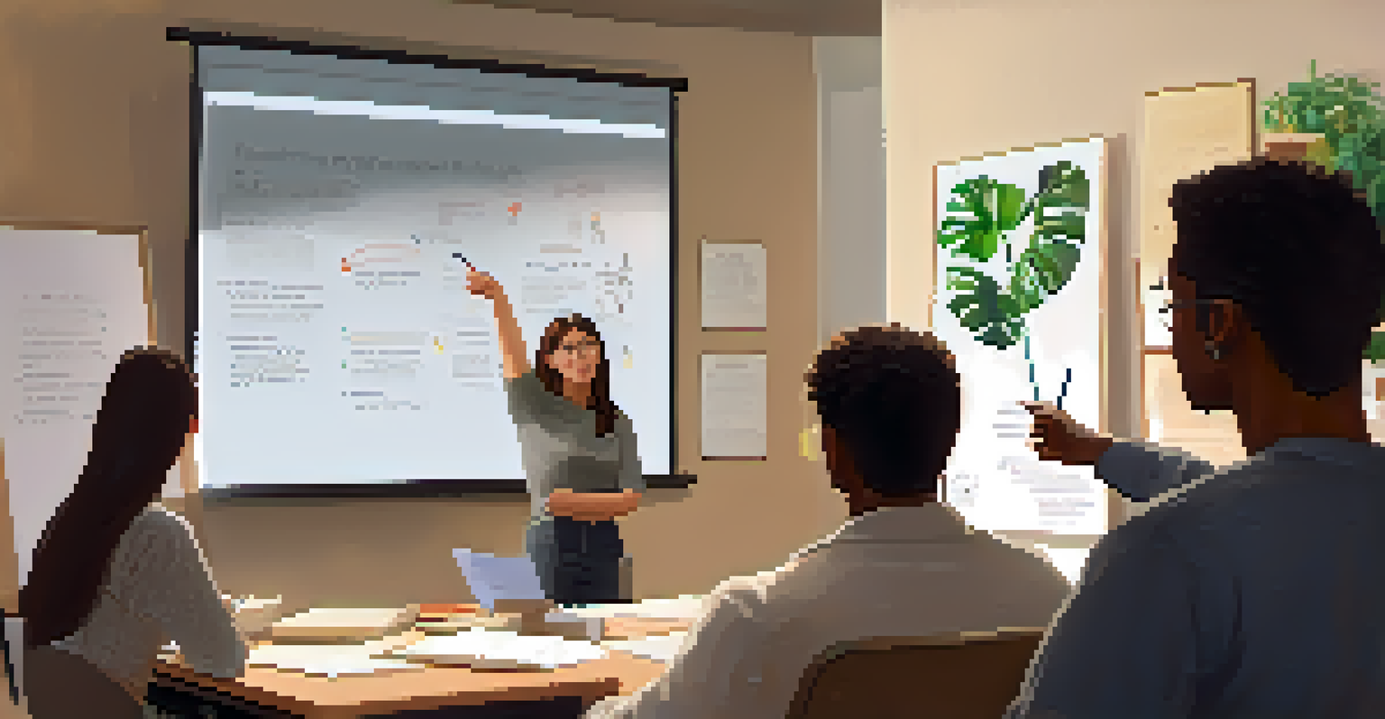 An instructor leading a feedback session with students in a cozy study space, surrounded by plants and warm lighting, fostering an inclusive learning environment.