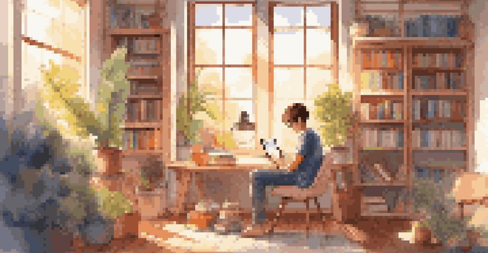 A student focused on a tablet in a bright, cozy room filled with books and plants.