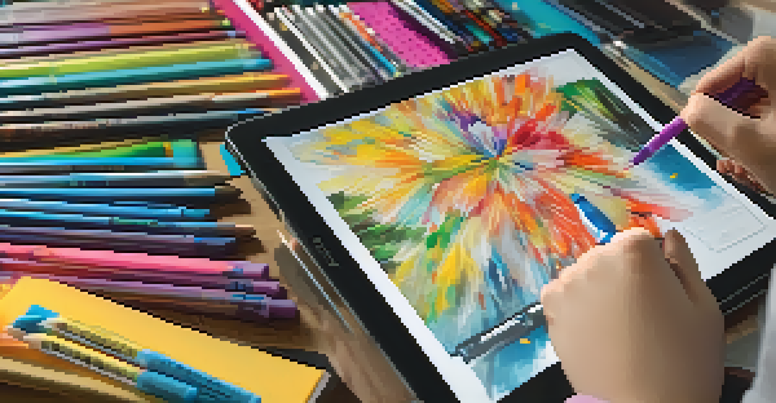 A close-up of a student's hands creating digital art on a tablet, with colorful designs on the screen and art supplies in the background.