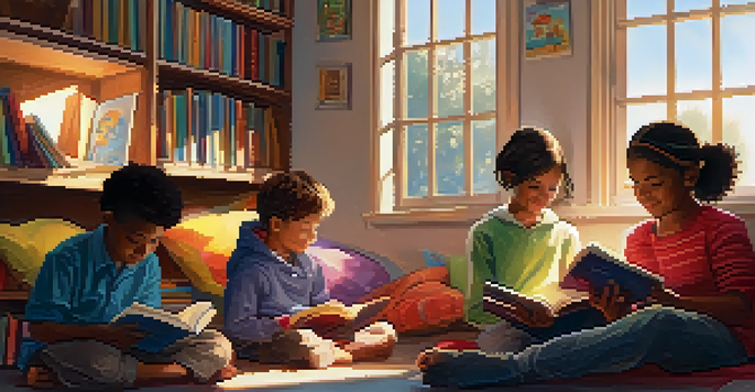 A group of diverse children sitting in a colorful reading nook, listening to a storyteller with a book, illuminated by soft sunlight.