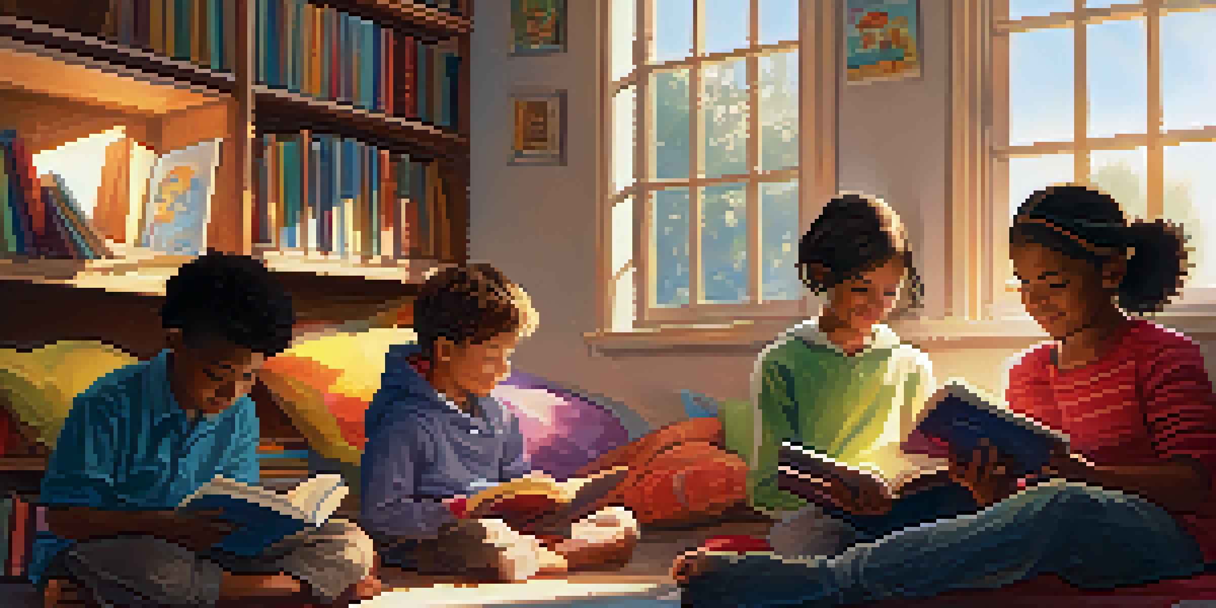 A group of diverse children sitting in a colorful reading nook, listening to a storyteller with a book, illuminated by soft sunlight.
