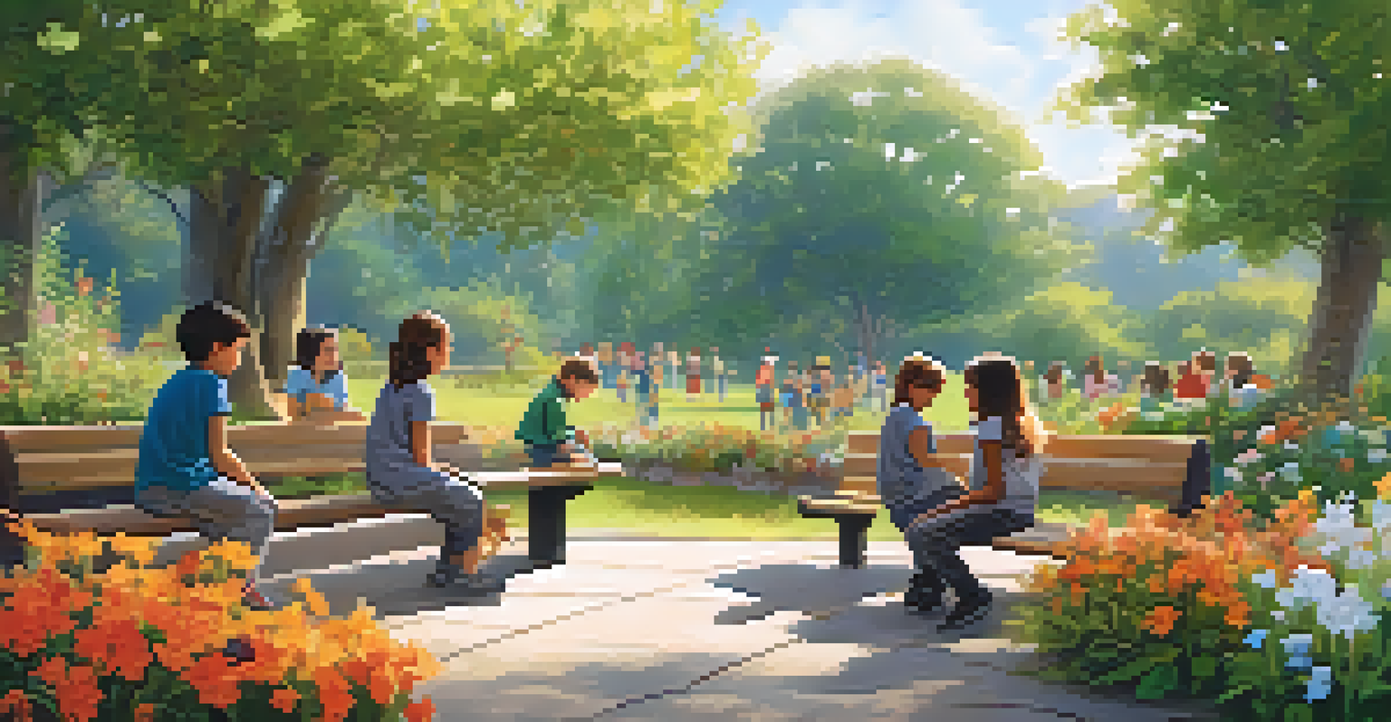 Children in a school garden practicing mindfulness while observing nature, with blooming flowers and trees in the background.