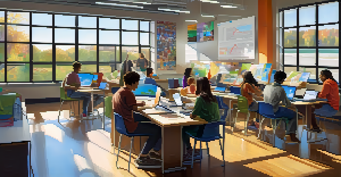 A vibrant classroom with students using laptops for online learning and working together on projects at a table, featuring diverse backgrounds and bright lighting.