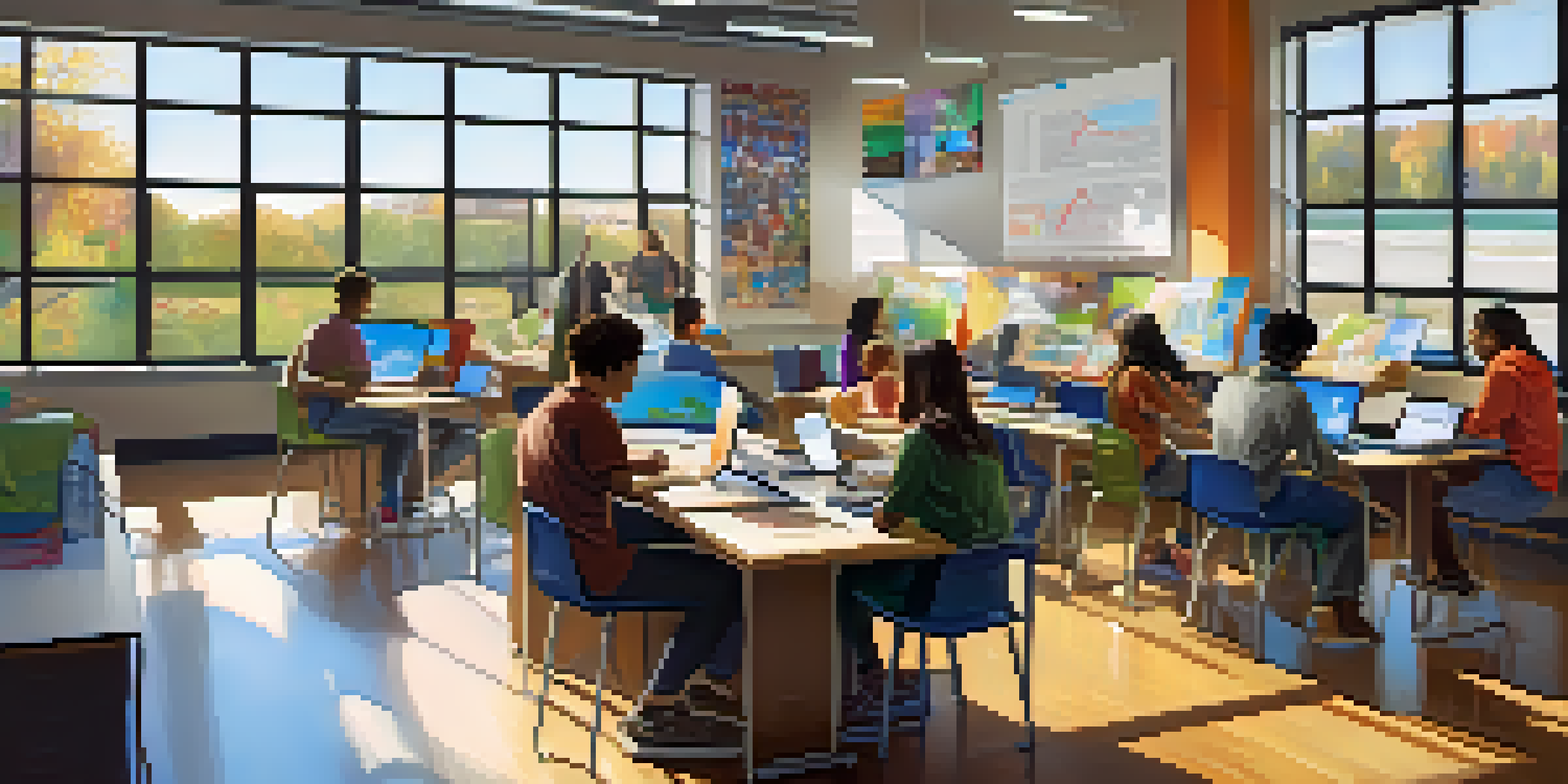A vibrant classroom with students using laptops for online learning and working together on projects at a table, featuring diverse backgrounds and bright lighting.