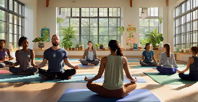 A peaceful classroom with educators practicing mindfulness, seated on yoga mats under soft natural light.