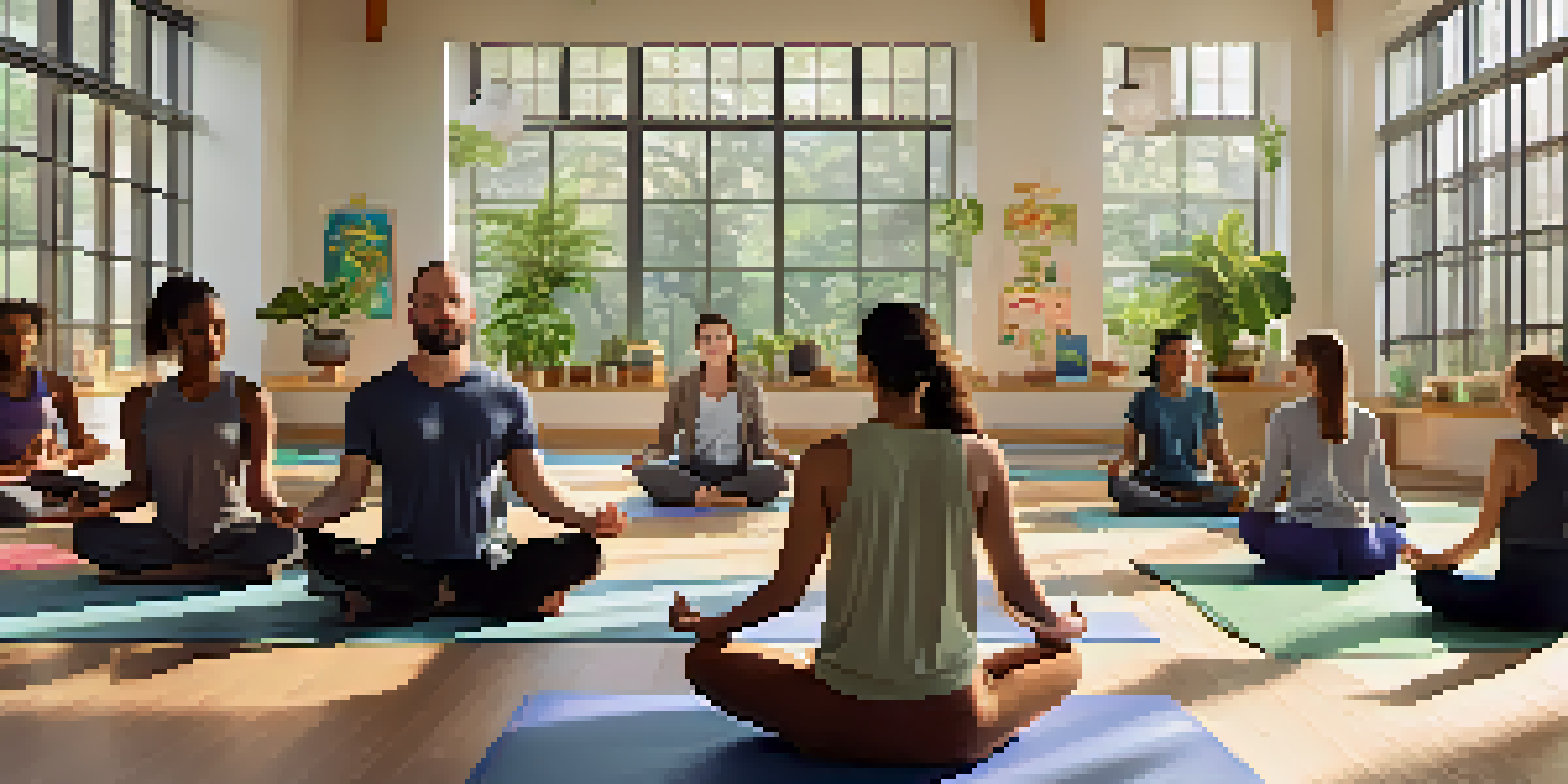 A peaceful classroom with educators practicing mindfulness, seated on yoga mats under soft natural light.