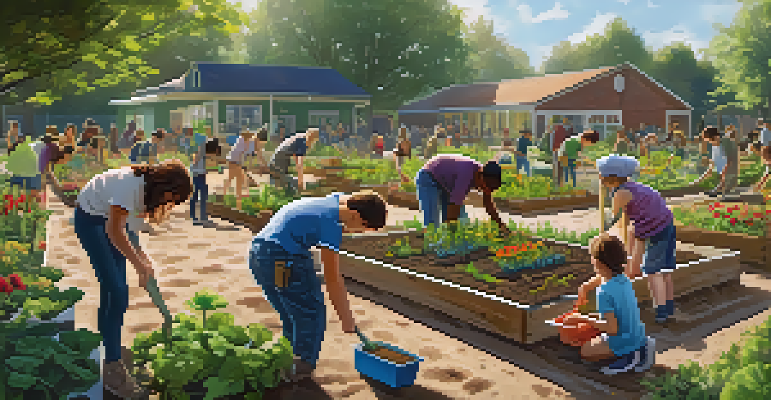 Students planting in a vibrant community garden, surrounded by trees and flowers in sunny weather.