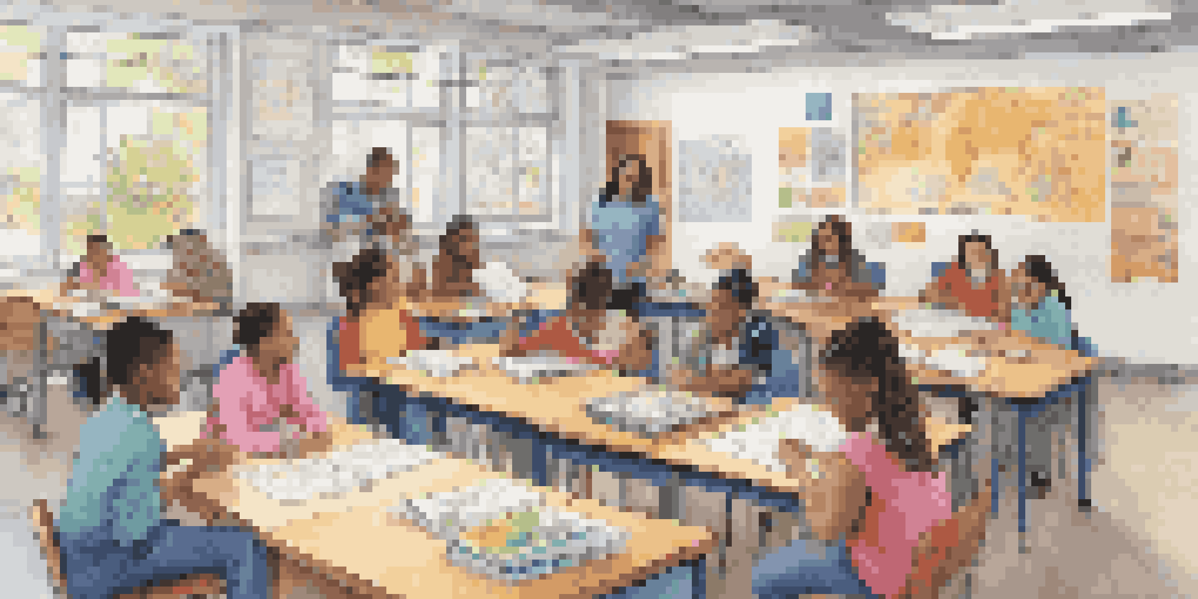 A multicultural classroom with students working together on a project, showcasing visual aids and a supportive learning atmosphere.