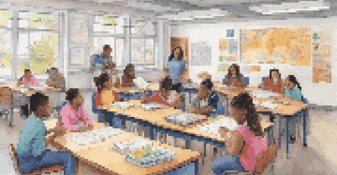 A multicultural classroom with students working together on a project, showcasing visual aids and a supportive learning atmosphere.