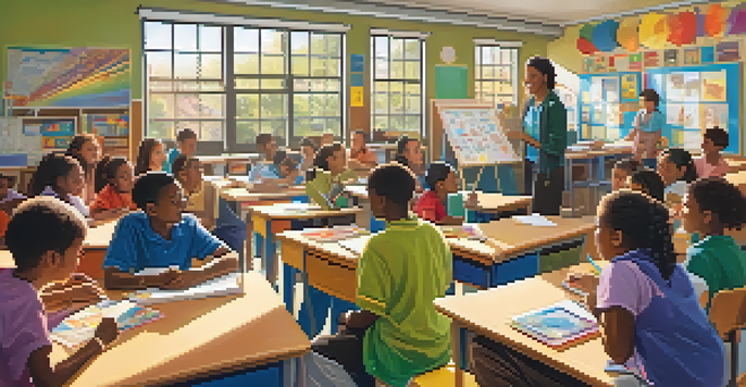 A lively classroom with diverse students collaborating on a group activity, guided by a teacher, with sunlight illuminating the space.