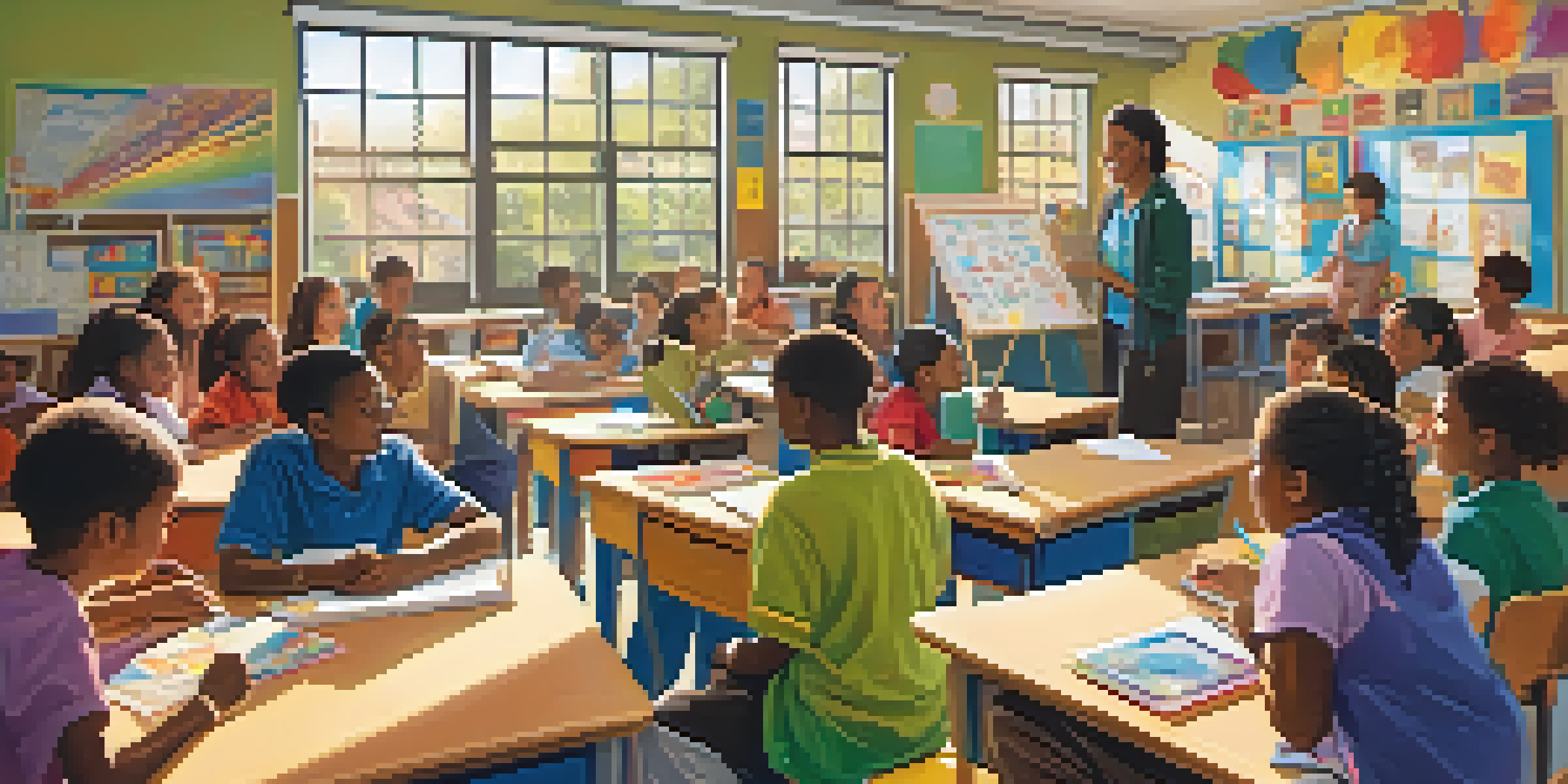 A lively classroom with diverse students collaborating on a group activity, guided by a teacher, with sunlight illuminating the space.