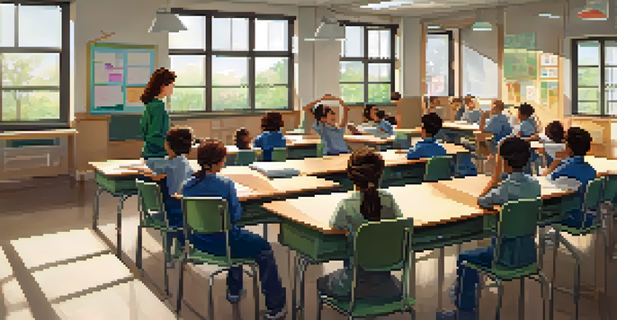 A classroom during a crisis drill with students attentively listening to their teacher, conveying calmness and focus.