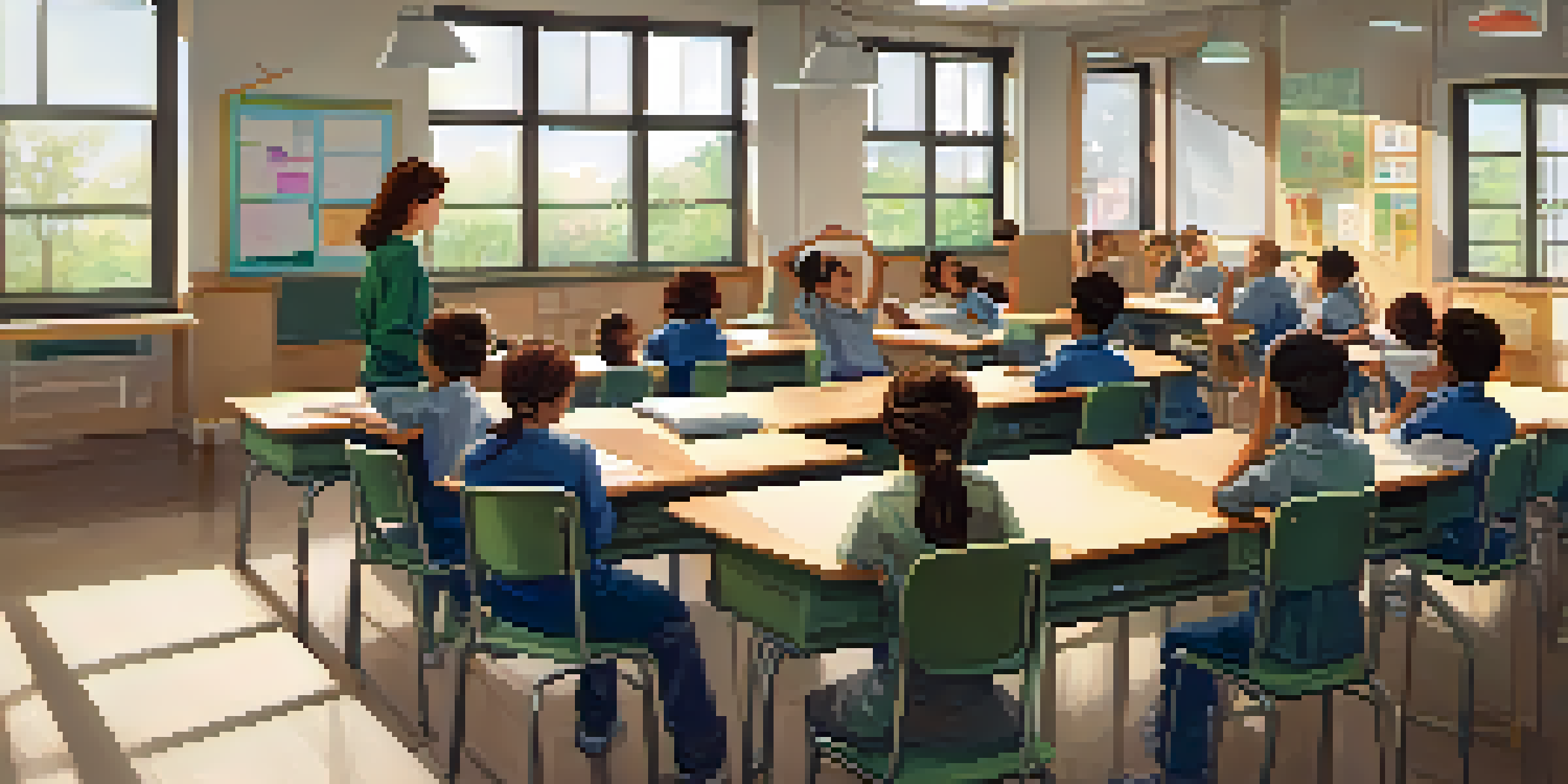 A classroom during a crisis drill with students attentively listening to their teacher, conveying calmness and focus.