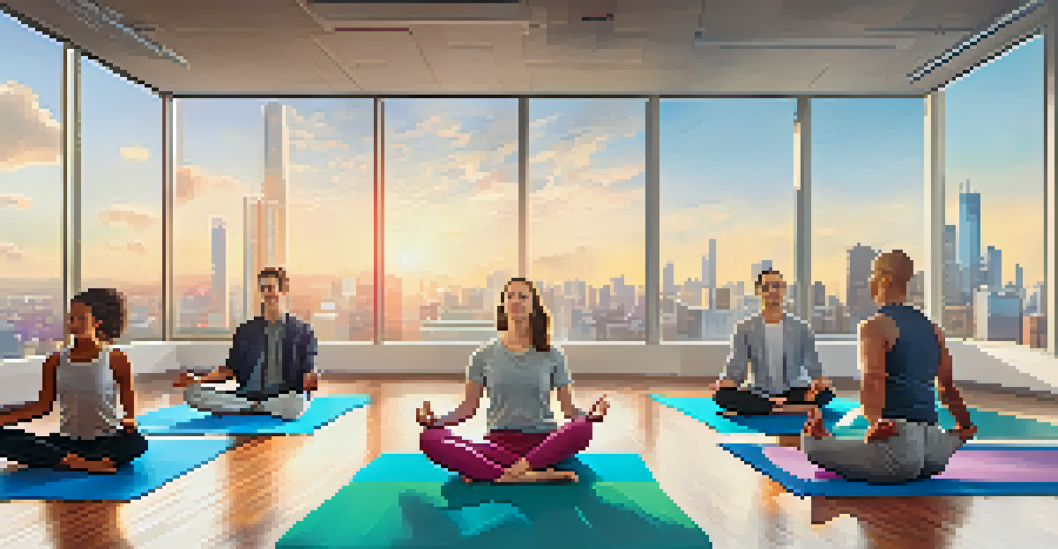 Colleagues practicing yoga together in an open office environment with large windows.