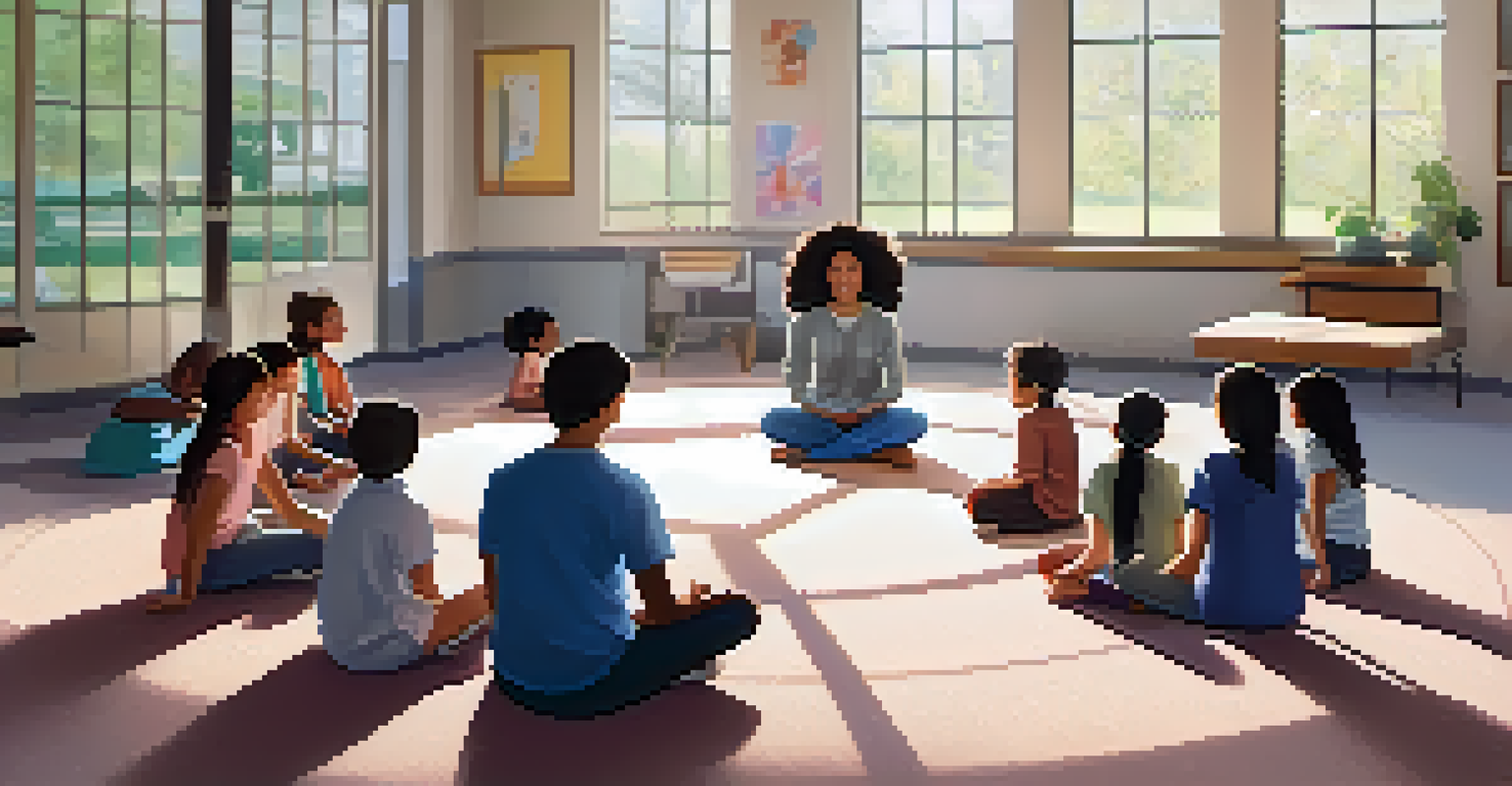 A peaceful classroom setting with a teacher leading a mindfulness exercise with students seated in a circle on a soft carpet.