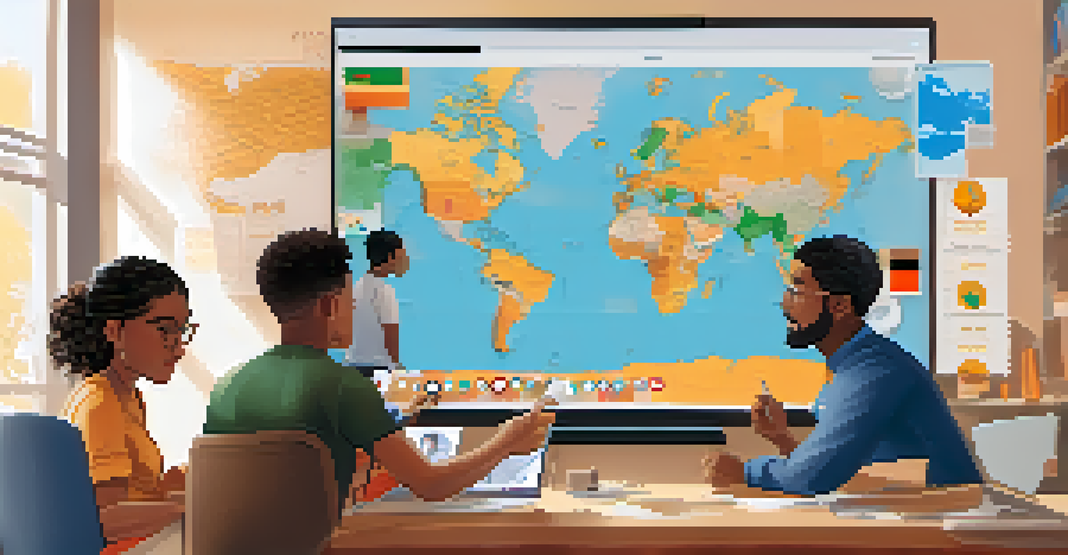 A teacher guiding students in a virtual collaborative project with cultural artifacts displayed on a digital whiteboard.