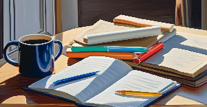 A cozy wooden desk with an open journal, colorful pens, and a steaming cup of coffee, illuminated by soft morning light.