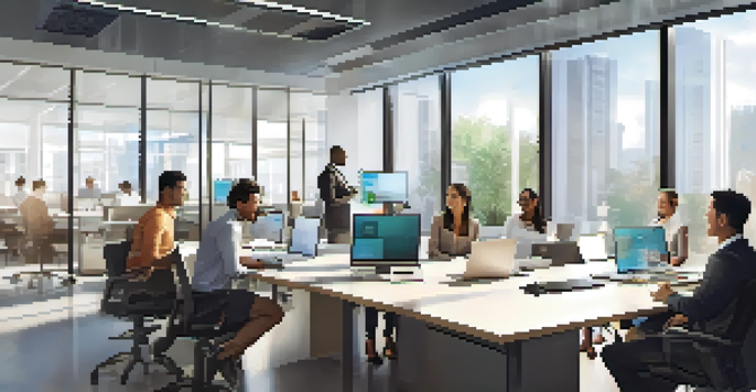A diverse group of employees participating in an interactive online training session in a modern office, with a screen showing a Learning Management System.