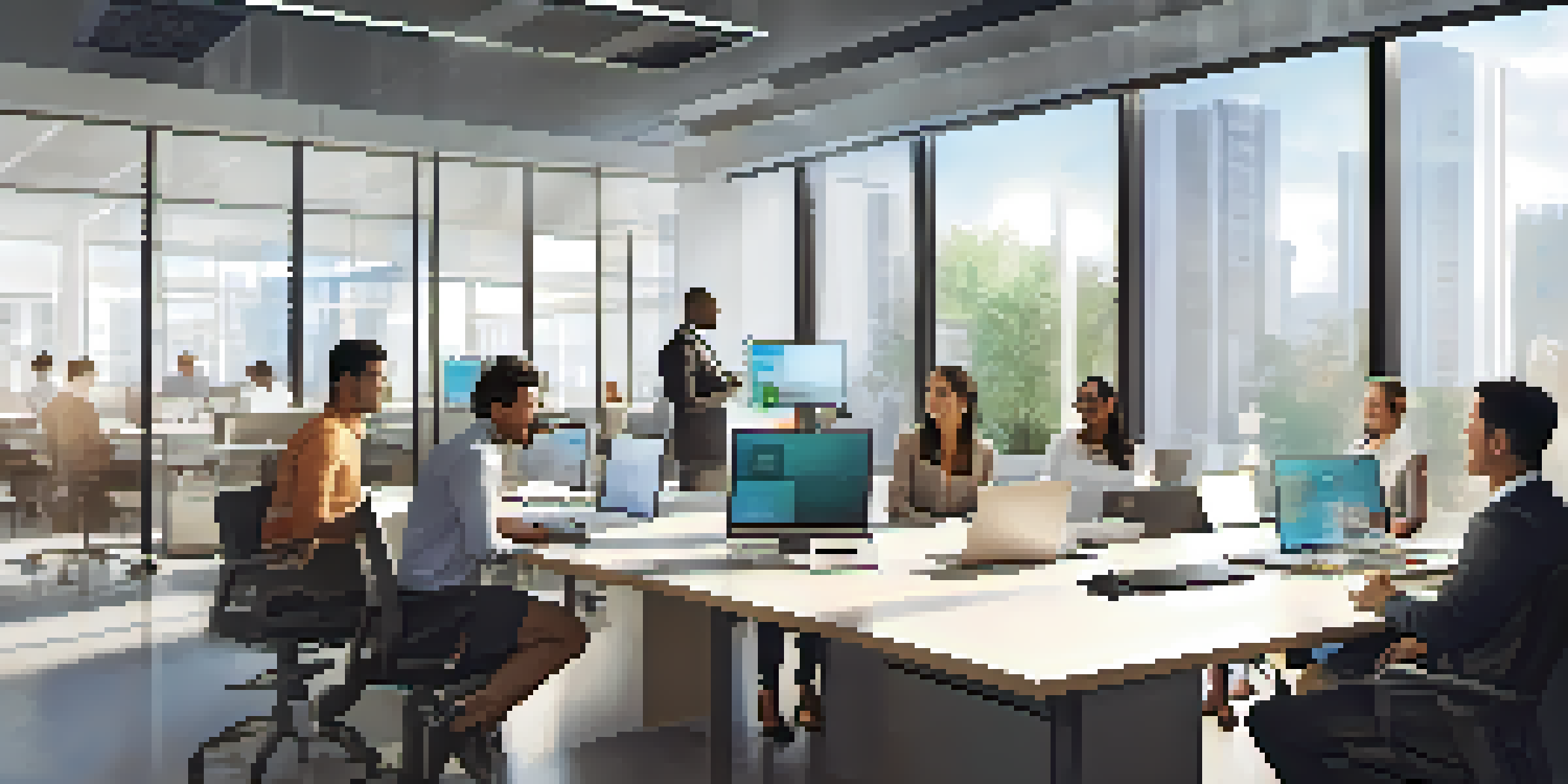 A diverse group of employees participating in an interactive online training session in a modern office, with a screen showing a Learning Management System.