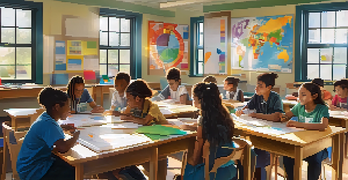 A lively classroom with diverse students collaborating at a table, surrounded by colorful educational materials and sunlight.