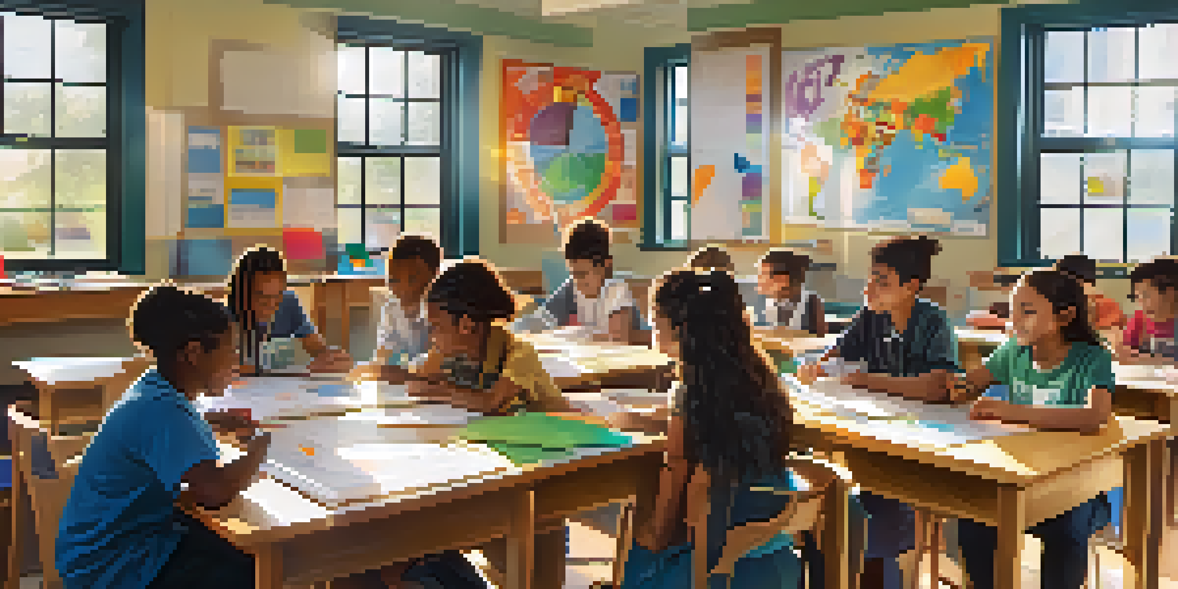A lively classroom with diverse students collaborating at a table, surrounded by colorful educational materials and sunlight.