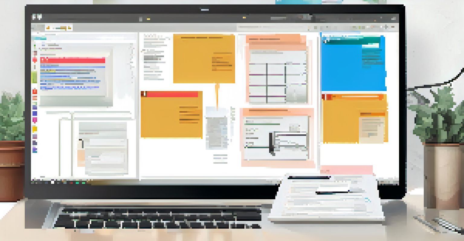 An overhead view of a digital workspace showing feedback tools and a document with comments, surrounded by a notebook and coffee.