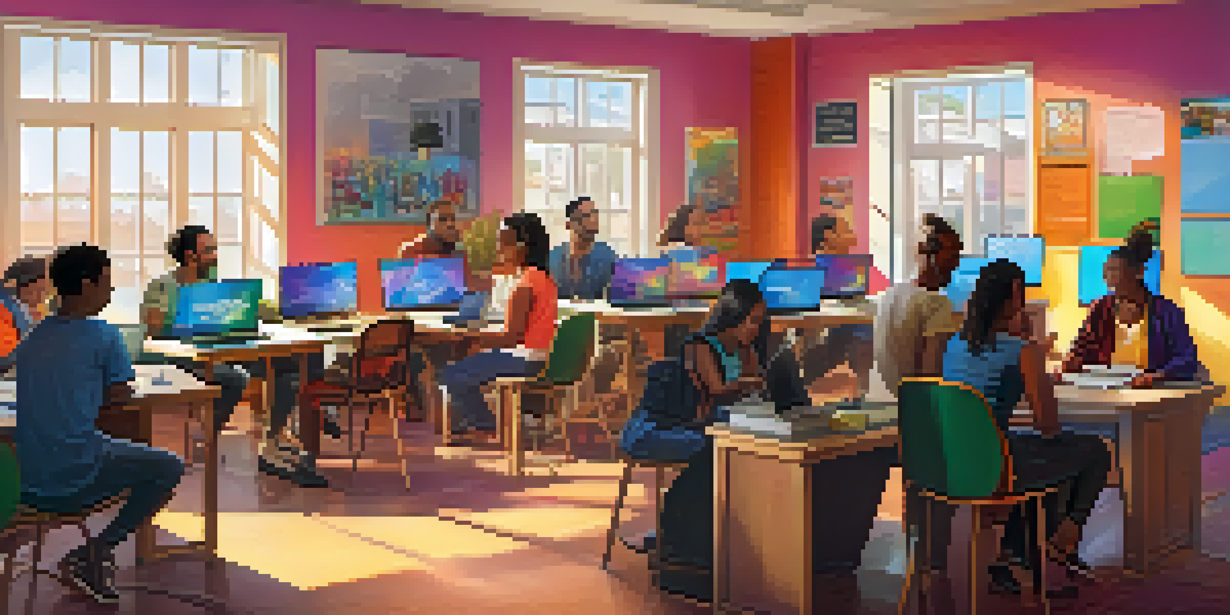 A diverse group of people participating in a digital literacy training session at a community center, with warm sunlight and colorful educational posters.