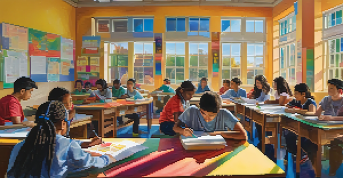 A diverse group of students in a bright classroom engaged in collaborative learning, surrounded by colorful educational materials.