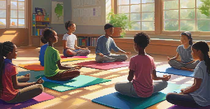 A diverse group of gifted students sitting cross-legged in a classroom during a mindfulness meditation session with sunlight streaming through the windows.