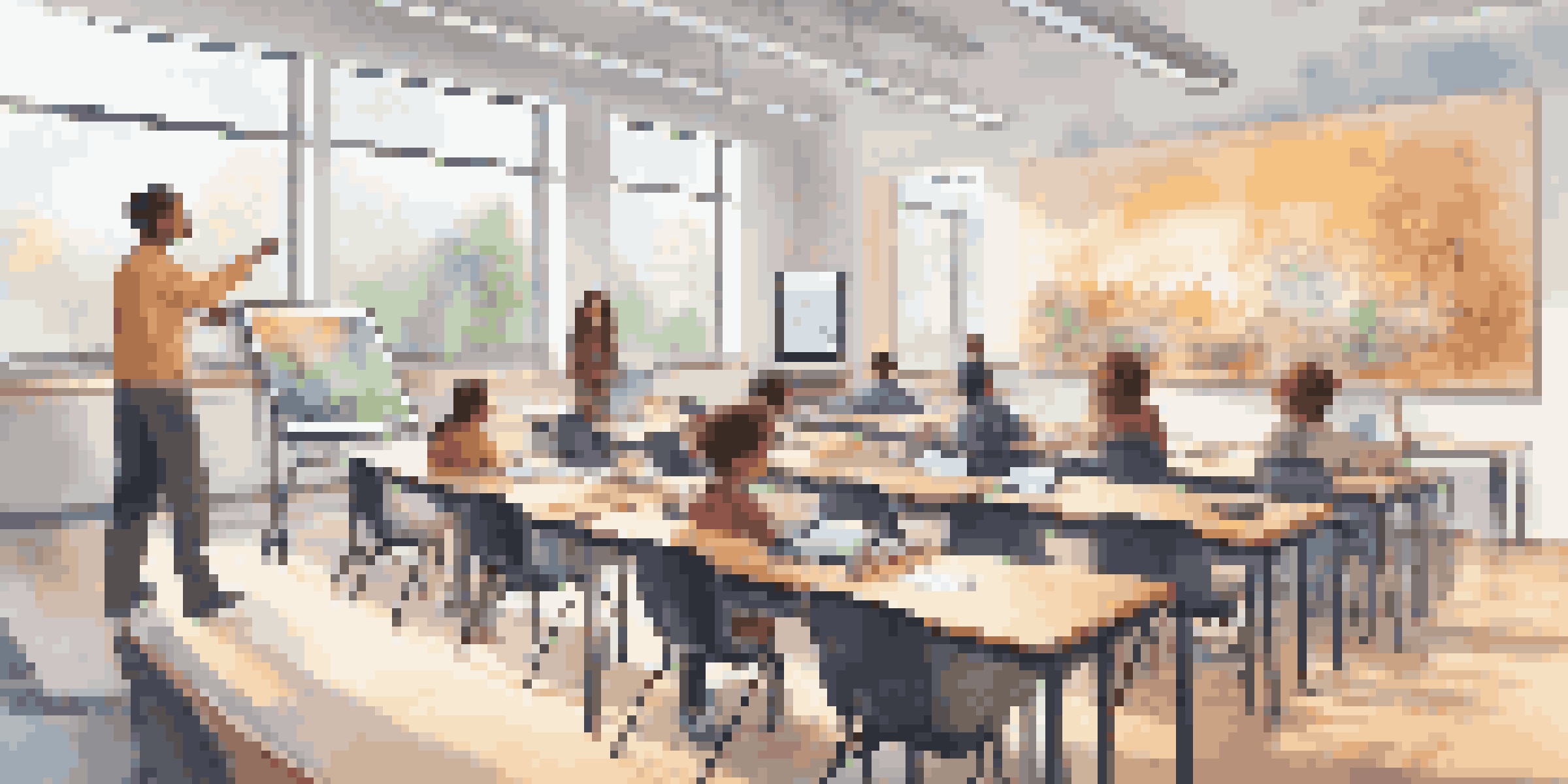 A bright classroom filled with students using tablets, with a teacher interacting with them, highlighting the use of AI in education.