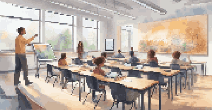 A bright classroom filled with students using tablets, with a teacher interacting with them, highlighting the use of AI in education.