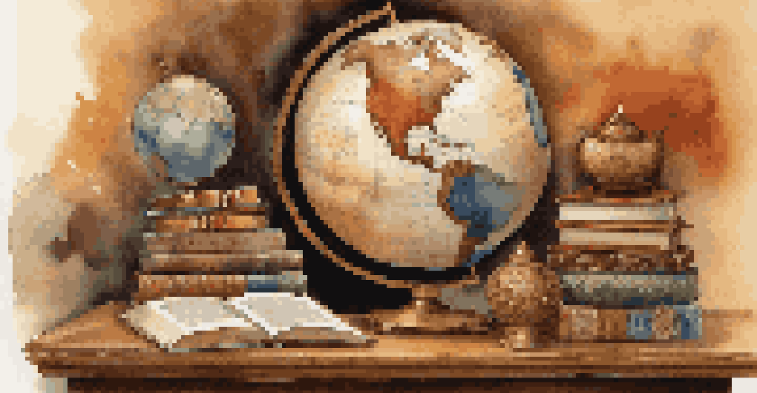 A beautifully arranged display of cultural symbols and artifacts from various countries on a wooden table, showcasing diversity and richness.