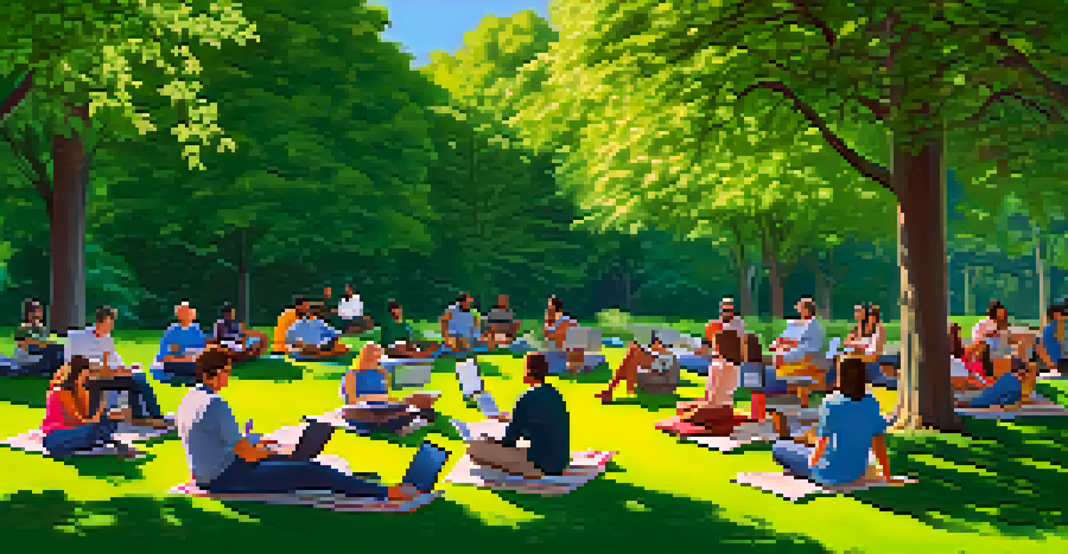 A team having a meeting in a park, sitting on blankets with laptops and taking notes amidst trees and flowers.