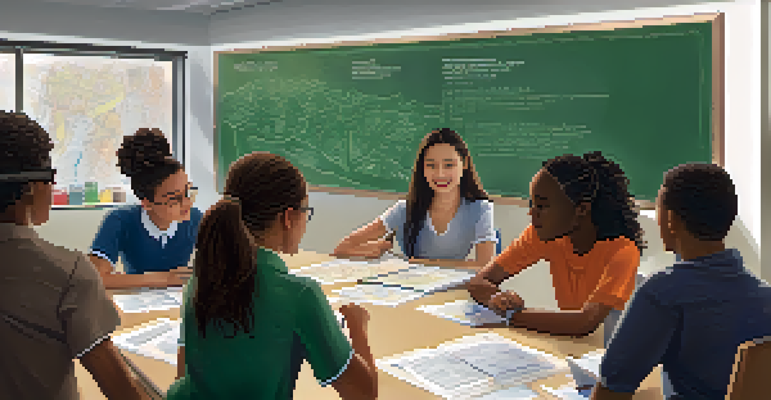 Students of diverse backgrounds collaborating on a civic education project in a classroom, with a teacher guiding them and materials on the table.