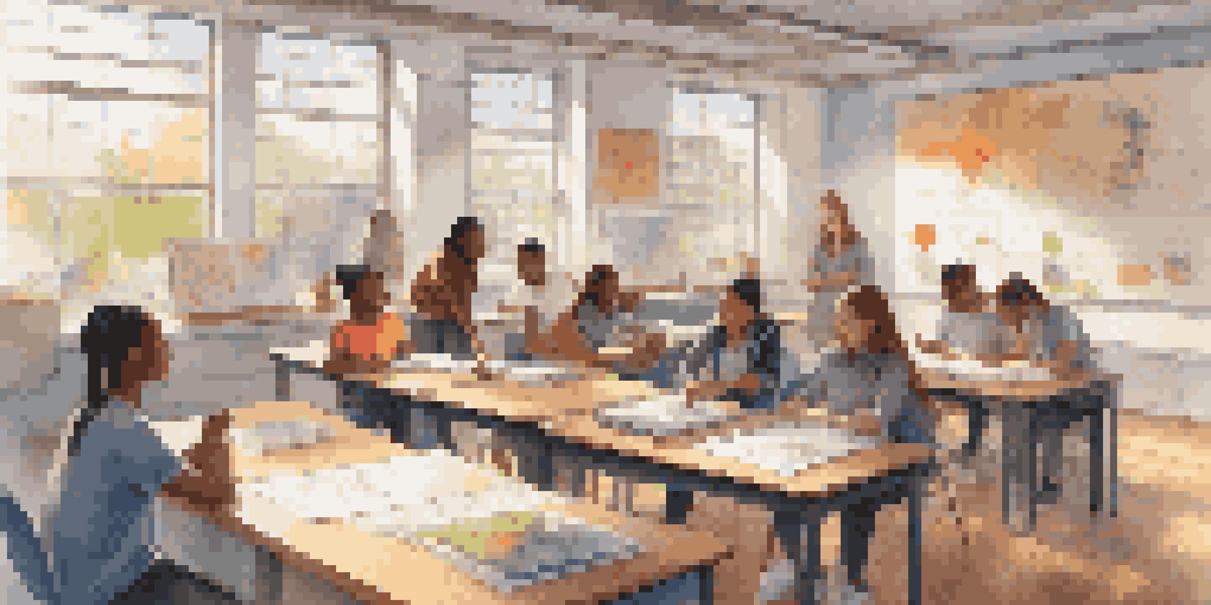 A vibrant classroom where diverse students are collaborating on an interdisciplinary project about climate change, surrounded by educational materials and sunlight.