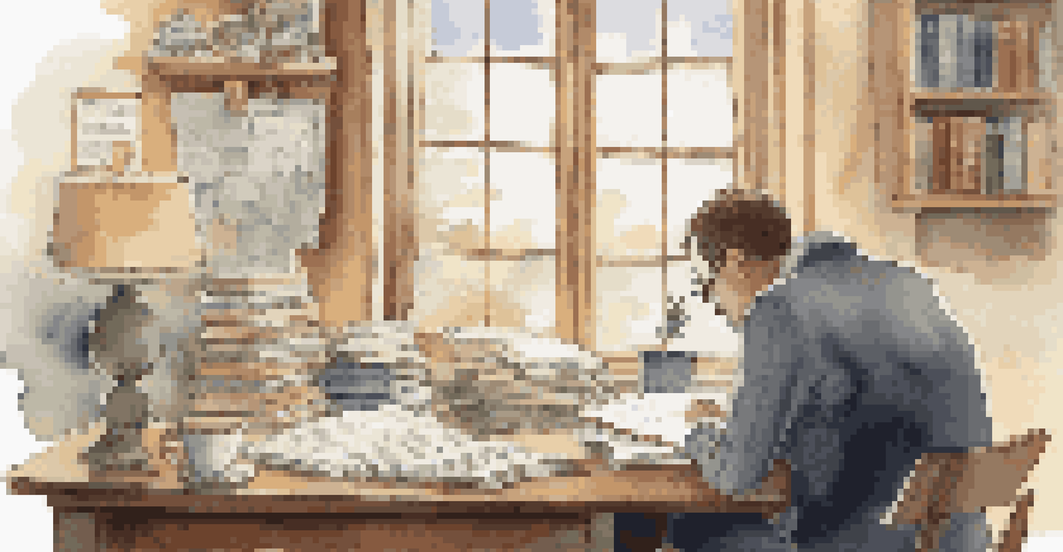 A teacher at a desk reflecting on lesson plans, with books and a cup of coffee, surrounded by a bulletin board and a peaceful outdoor view.