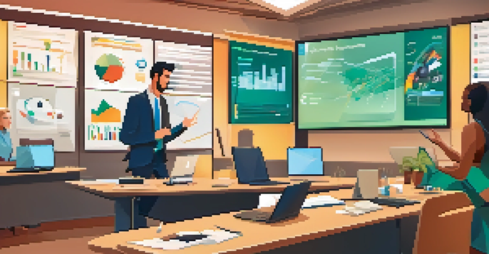 A presenter in a bright room engaging with an audience through a camera, showcasing a large screen with visuals and interactive elements.