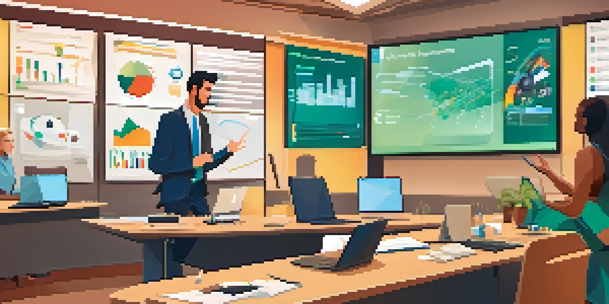 A presenter in a bright room engaging with an audience through a camera, showcasing a large screen with visuals and interactive elements.