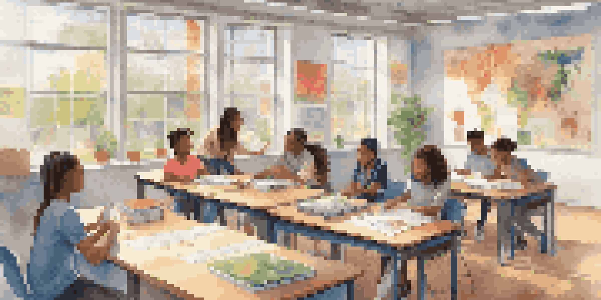 A vibrant classroom scene with diverse students collaborating on a project, surrounded by natural light and colorful educational posters.
