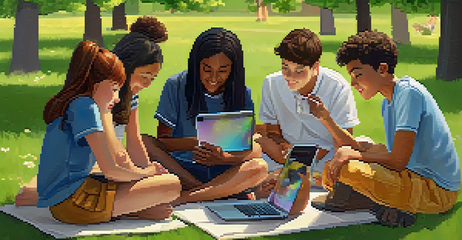 Students collaborating outdoors on a project using mobile devices, surrounded by nature, demonstrating teamwork and social interaction.