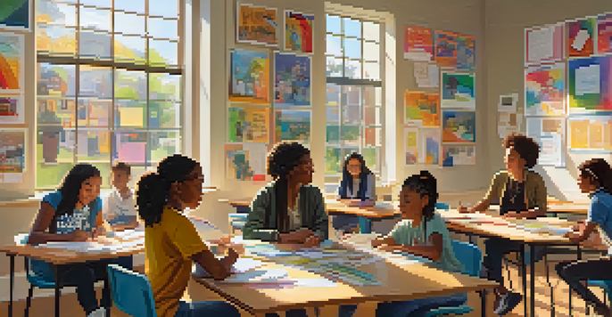 A bright classroom with diverse students engaged in activities, a teacher interacting with a student, and colorful mental health posters on the walls.