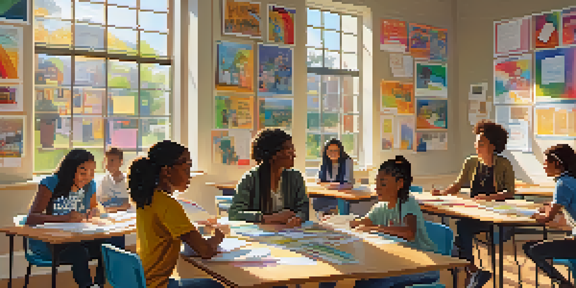 A bright classroom with diverse students engaged in activities, a teacher interacting with a student, and colorful mental health posters on the walls.