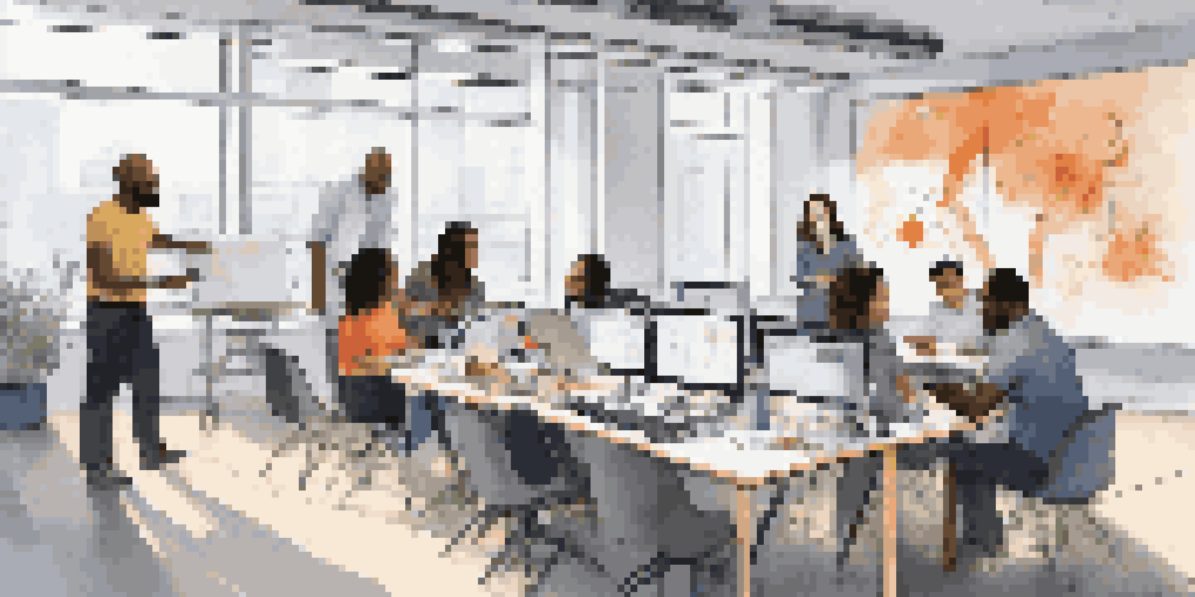 A diverse group of STEM professionals brainstorming in a bright, modern workspace filled with technology and whiteboards.