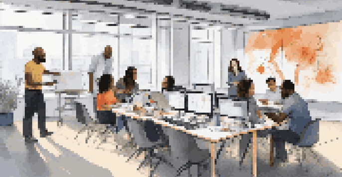 A diverse group of STEM professionals brainstorming in a bright, modern workspace filled with technology and whiteboards.