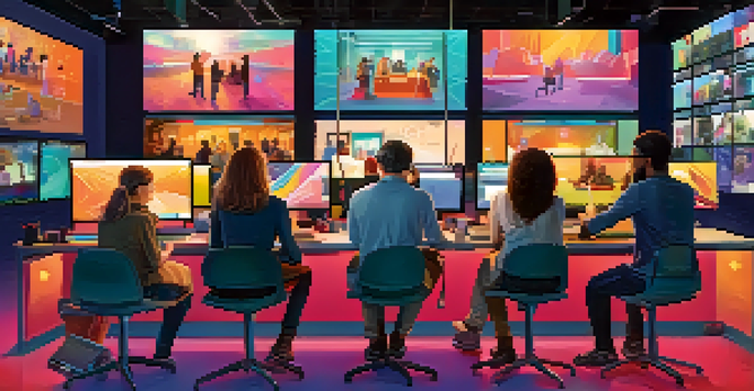 A diverse group of people working on digital storytelling, using laptops and cameras, with colorful graphics around them.