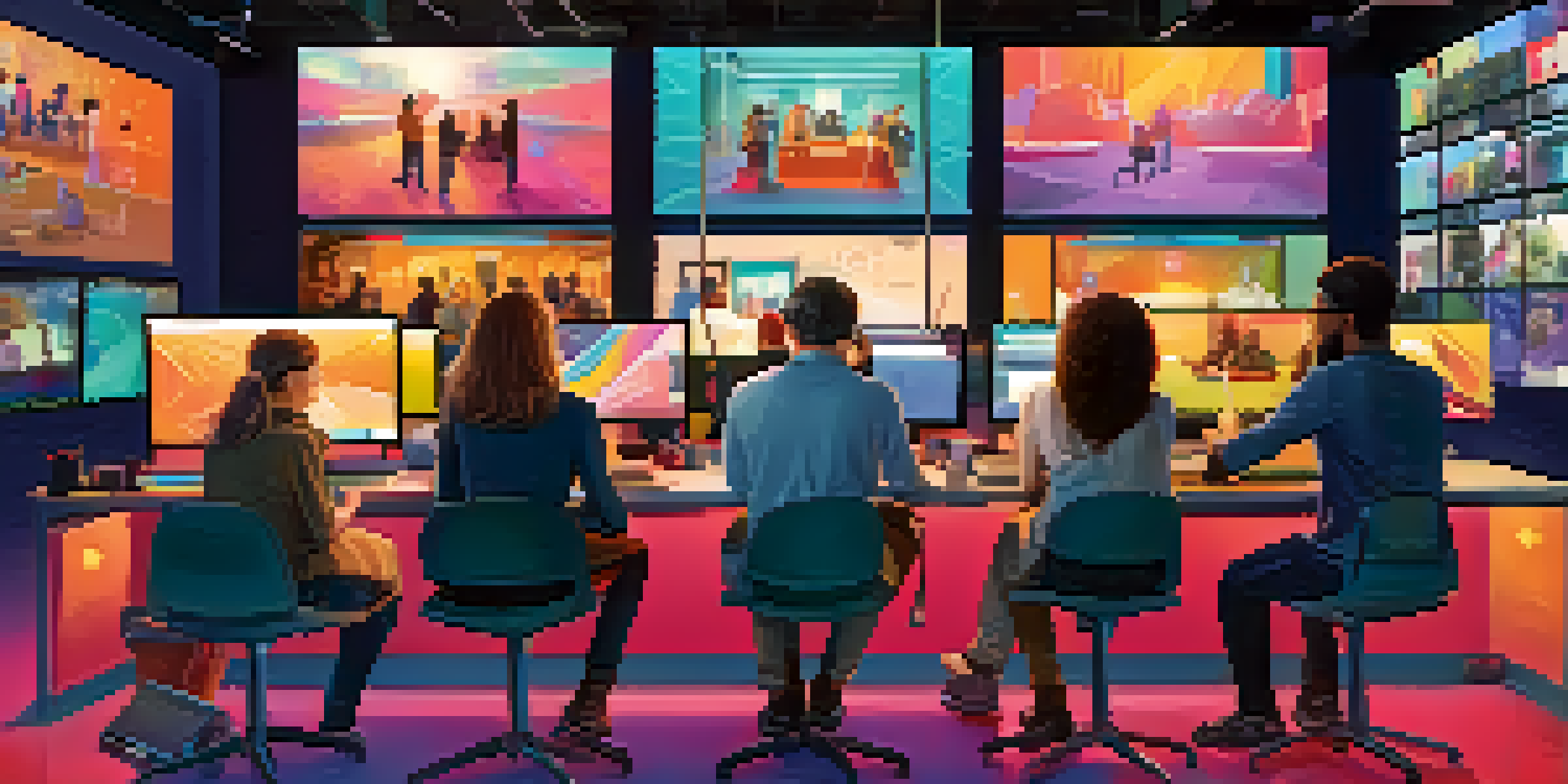 A diverse group of people working on digital storytelling, using laptops and cameras, with colorful graphics around them.