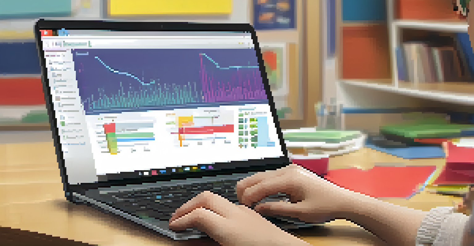 A close-up of a teacher's hands on a laptop, giving feedback on a student's digital assignment, with educational materials in the background.