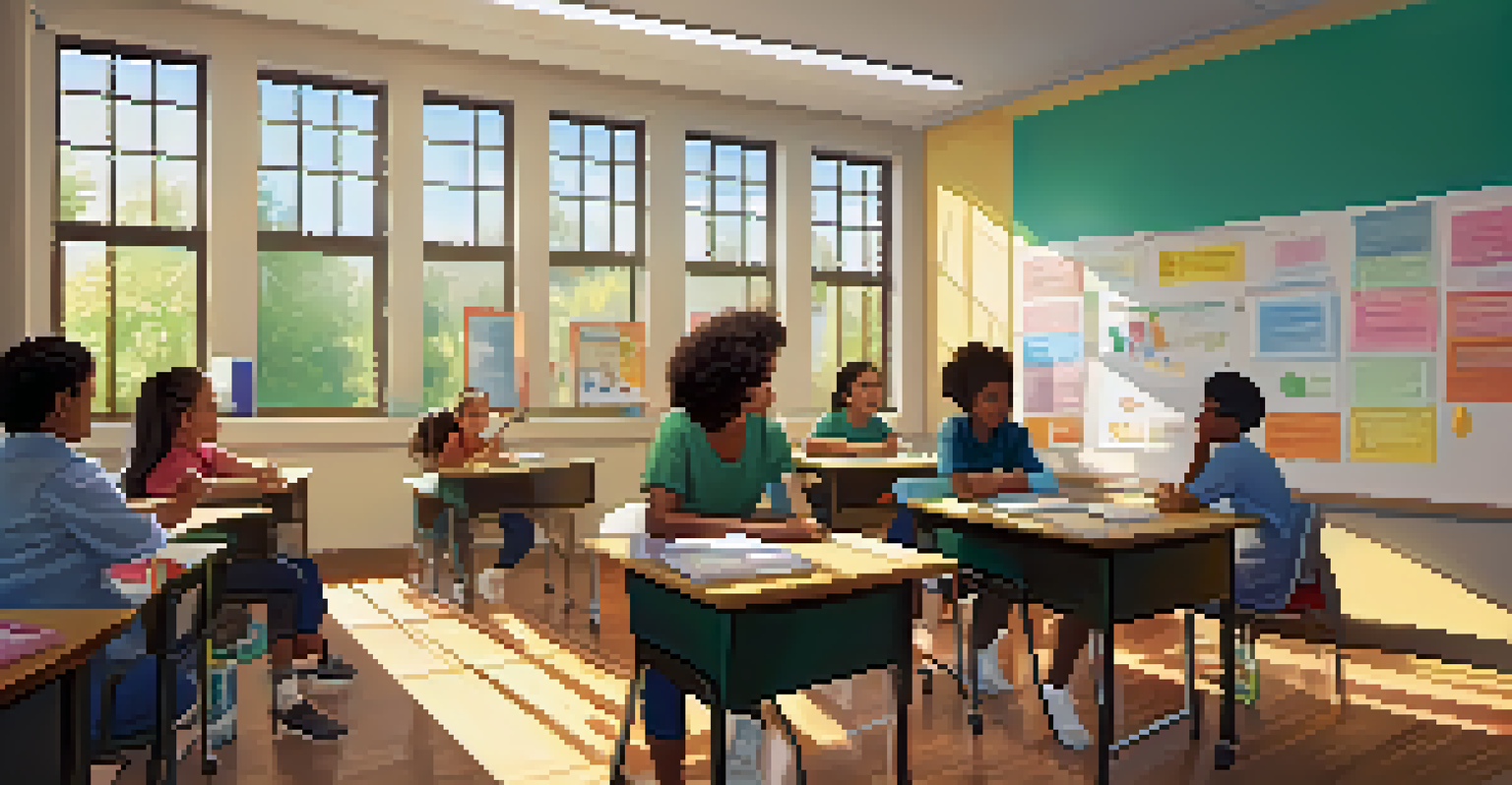 A lively classroom with students discussing in groups, colorful educational posters, and a teacher guiding them, all under bright sunlight.