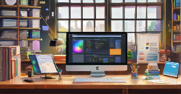 A digital workspace with a computer screen showing a metadata dashboard, illuminated by natural light, surrounded by textbooks and stationery.